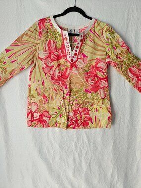 CARRIBEAN JOE Women’s Tropical Floral Blouse Top ¾ Sleeve Top Pink Green Size M